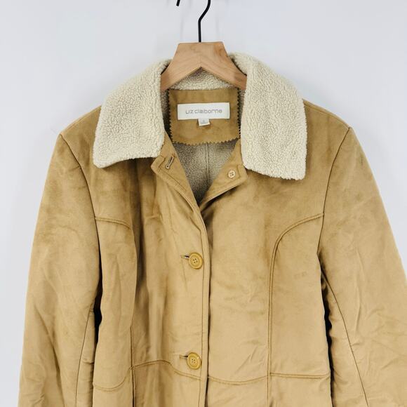 Vintage Liz Claiborne Camel Faux Shearling Fleece Lined Button Front Coat Size S - Picture 5 of 11